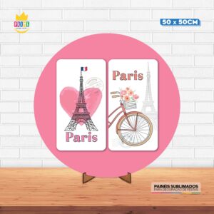 Painel Redondo 3D Paris Tecido 50cm X 50cm Com Suporte MDF