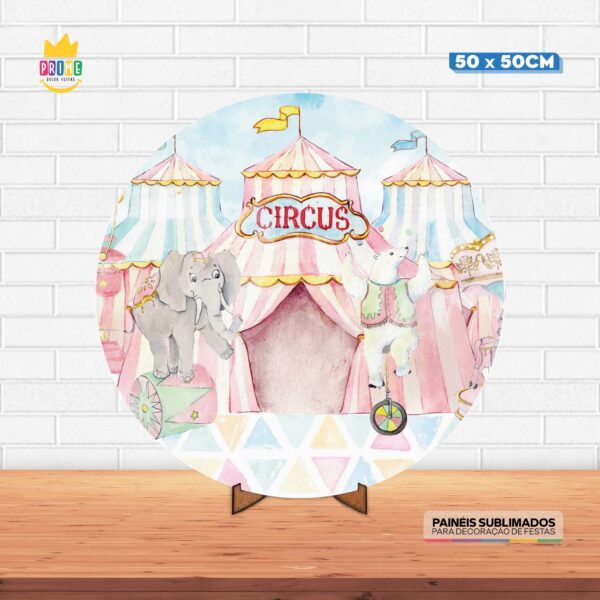 Painel Redondo 3D Circo Rosa Tecido 50cm X 50cm Com Suporte MDF