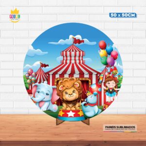 Painel Redondo 3D Circo Tecido 50cm X 50cm Com Suporte MDF