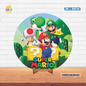 Painel Redondo 3D Super Mario Tecido 50cm X 50cm Com Suporte MDF