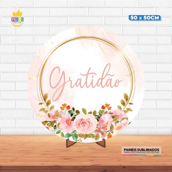 Painel Redondo 3D Gratidão Tecido 50cm X 50cm Com Suporte MDF