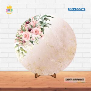 Painel Redondo 3D Floral Mármore Tecido 50cm X 50cm Com Suporte MDF