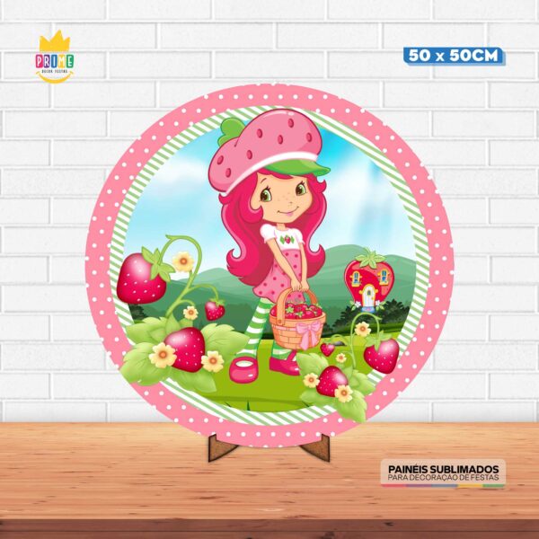 Painel Redondo 3D Moranguinho Tecido 50cm X 50cm Com Suporte MDF
