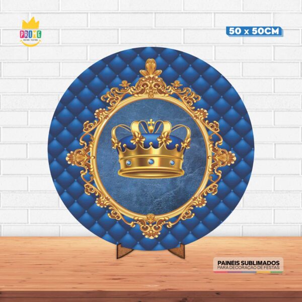 Painel Redondo 3D Coroa Azul Tecido 50cm X 50cm Com Suporte MDF