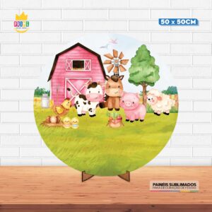 Painel Redondo 3D Fazendinha Tecido 50cm X 50cm Com Suporte MDF