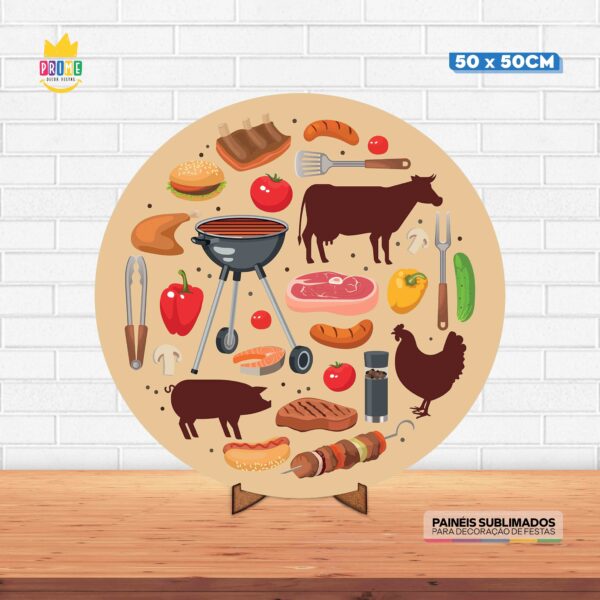 Painel Redondo 3D Churrasco Tecido 50cm X 50cm Com Suporte MDF