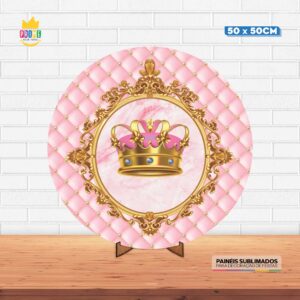 Painel Redondo 3D Coroa Rosa Tecido 50cm X 50cm Com Suporte MDF