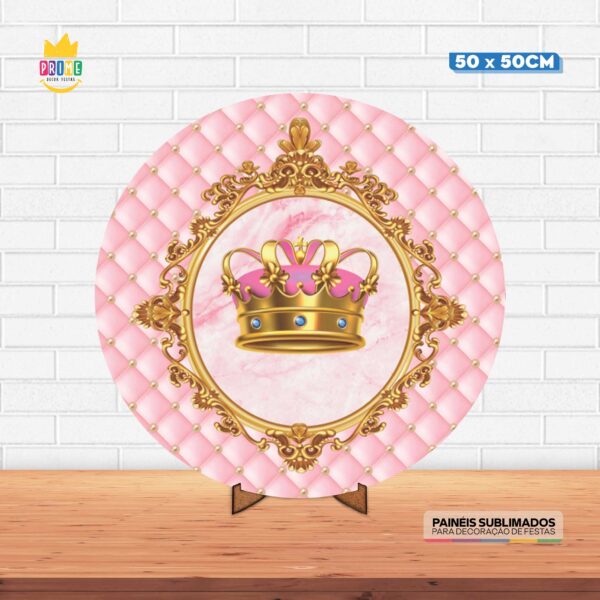 Painel Redondo 3D Coroa Rosa Tecido 50cm X 50cm Com Suporte MDF