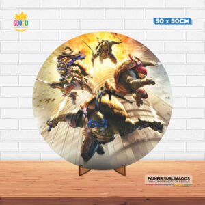 Painel Redondo 3D Tartarugas Ninjas Tecido 50cm X 50cm Com Suporte MDF