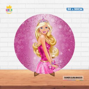 Painel Redondo 3D Barbie Tecido 50cm X 50cm Com Suporte MDF