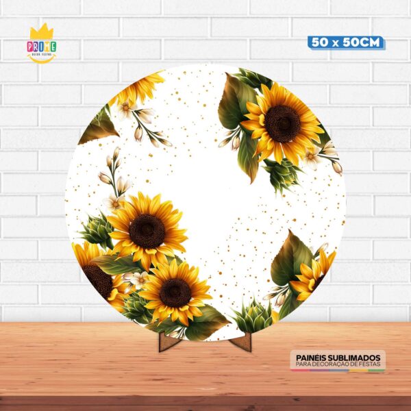 Painel Redondo 3D Girassol Tecido 50cm X 50cm Com Suporte MDF