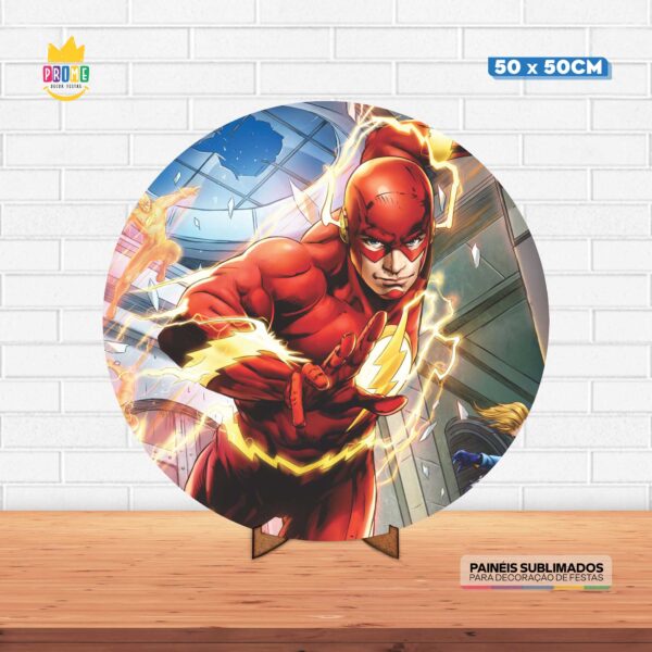 Painel Redondo 3D The Flash Tecido 50cm X 50cm Com Suporte MDF