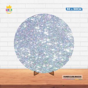Painel Redondo 3D Glitter Prata 50cm X 50cm Com Suporte MDF