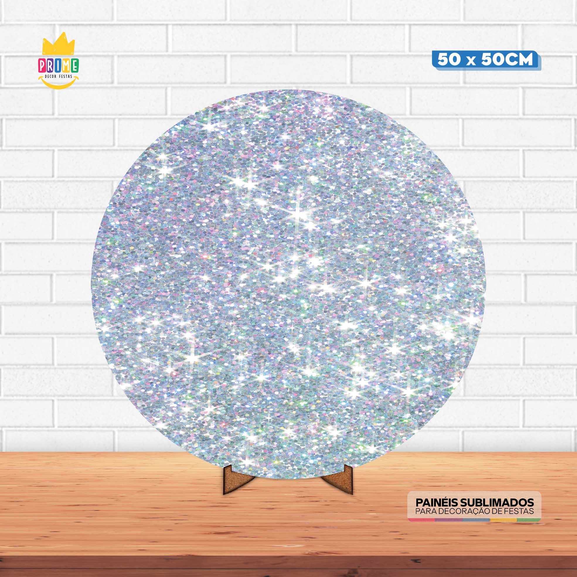 Painel Redondo 3D Glitter Prata 50cm X 50cm Com Suporte MDF