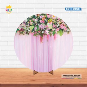 Painel Redondo 3D Cortina de Flores Tecido 50cm X 50cm Com Suporte MDF