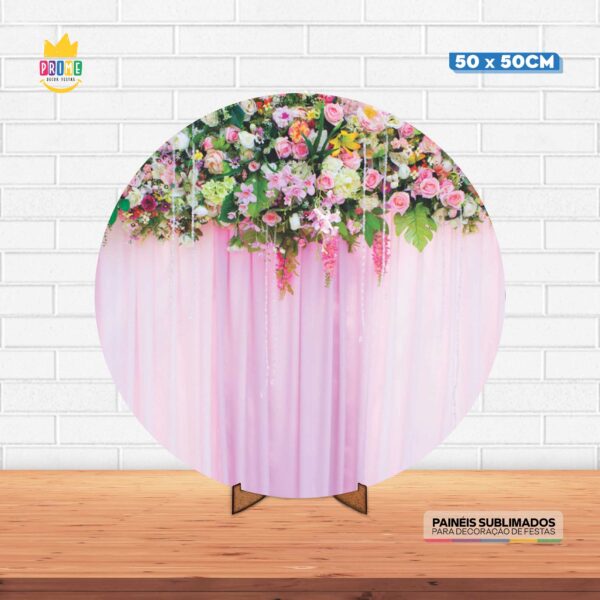 Painel Redondo 3D Cortina de Flores Tecido 50cm X 50cm Com Suporte MDF