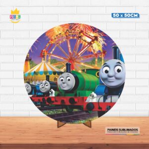 Painel Redondo 3D Thomas e Seus Amigos Tecido 50cm X 50cm Com Suporte MDF
