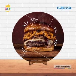 Painel Redondo 3D Hamburguer Tecido 50cm X 50cm Com Suporte MDF