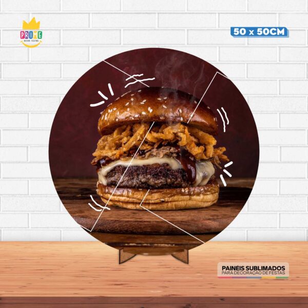 Painel Redondo 3D Hamburguer Tecido 50cm X 50cm Com Suporte MDF