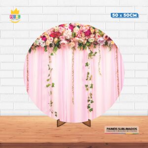 Painel Redondo 3D Cortina de Flores Tecido 50cm X 50cm Com Suporte MDF