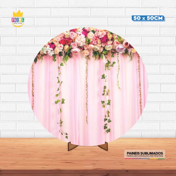 Painel Redondo 3D Cortina de Flores Tecido 50cm X 50cm Com Suporte MDF