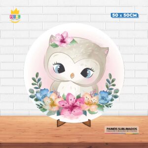Painel Redondo 3D Corujinha Tecido 50cm X 50cm Com Suporte MDF