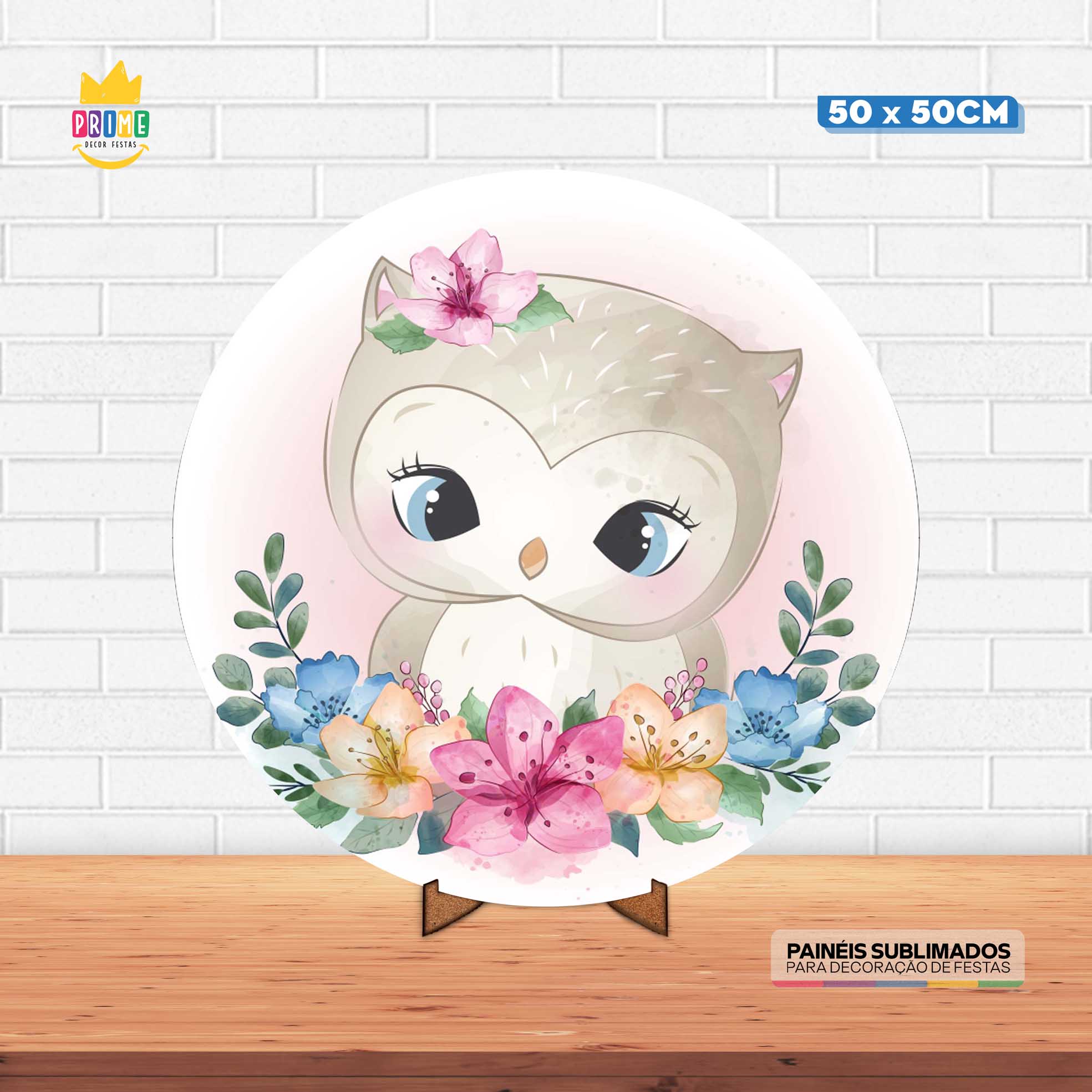 Painel Redondo 3D Corujinha Tecido 50cm X 50cm Com Suporte MDF
