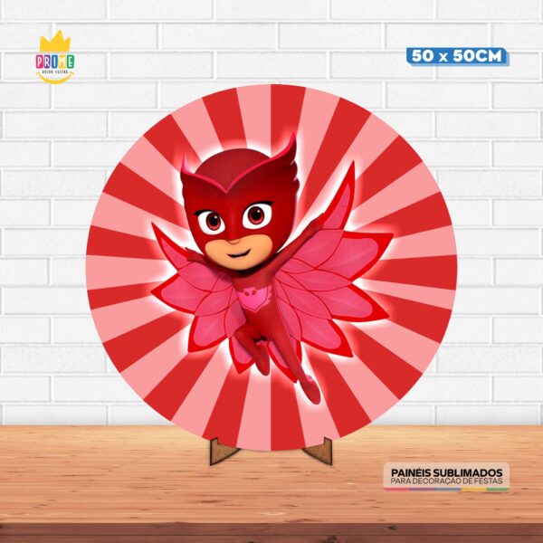 Painel Redondo 3D Corujita Pj Masks Tecido 50cm X 50cm Com Suporte MDF