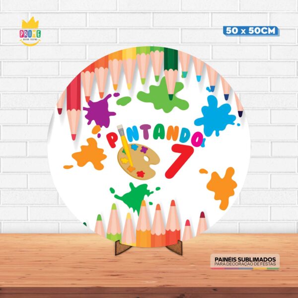 Painel Redondo 3D Pintando o 7 Tecido 50cm X 50cm Com Suporte MDF
