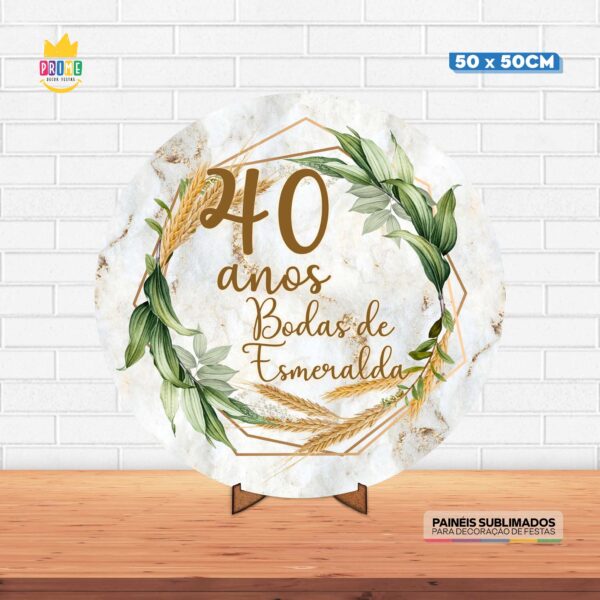 Painel Redondo 3D Bodas de Esmeralda Tecido 50cm X 50cm Com Suporte MDF