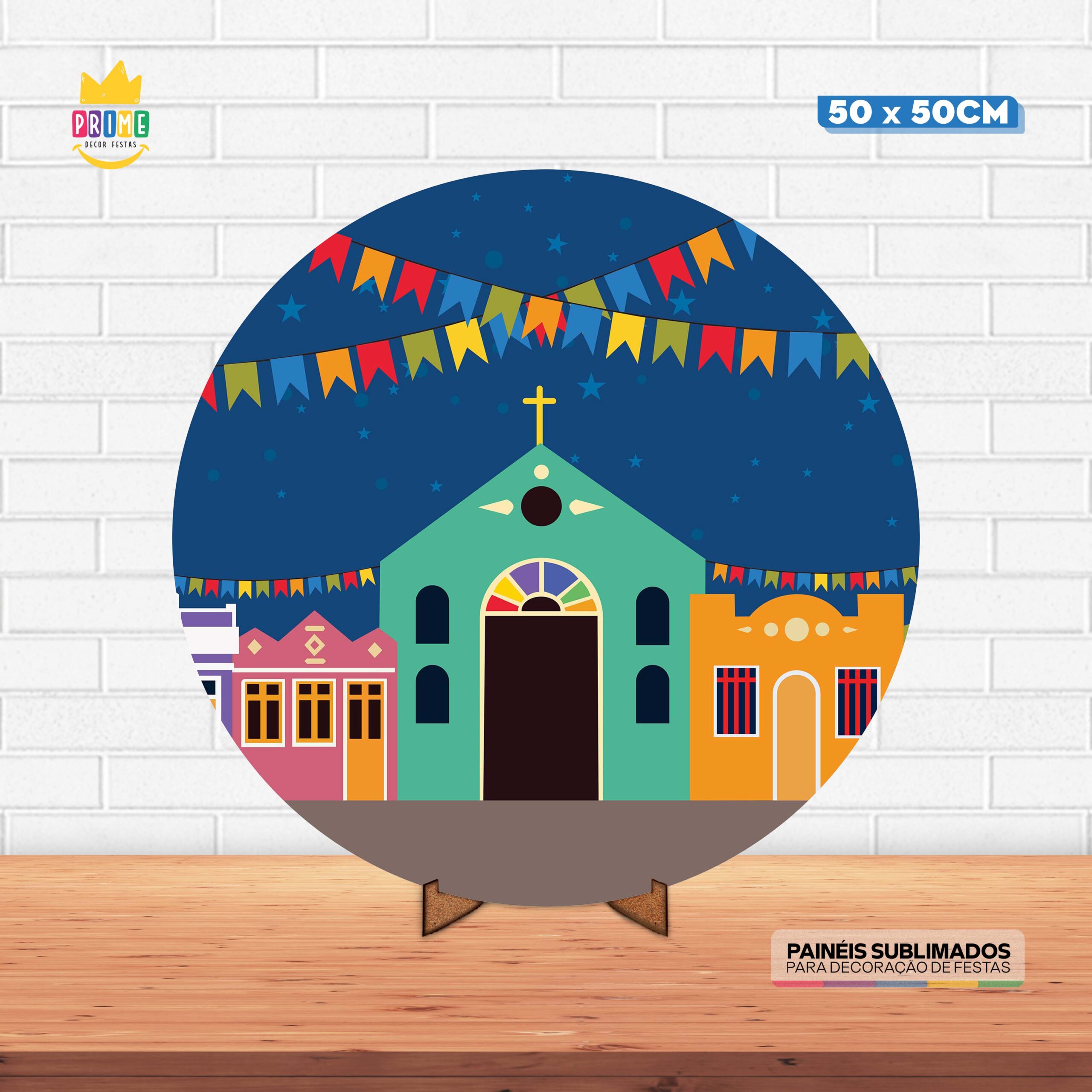 Painel Redondo 3D Festa Junina Tecido 50cm X 50cm Com Suporte MDF