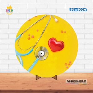 Painel Redondo 3D Medicina Tecido 50cm X 50cm Com Suporte MDF