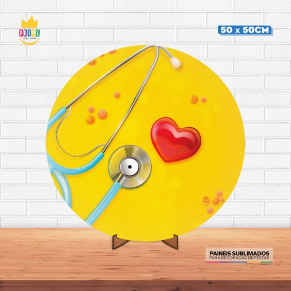 Painel Redondo 3D Medicina Tecido 50cm X 50cm Com Suporte MDF