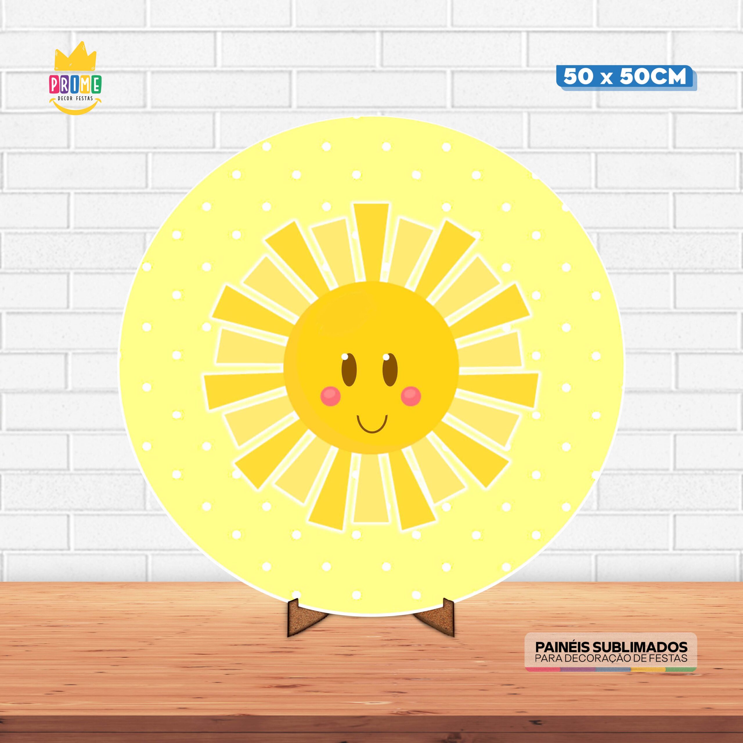 Painel Redondo 3D Sol Cute Tecido 50cm X 50cm Com Suporte MDF