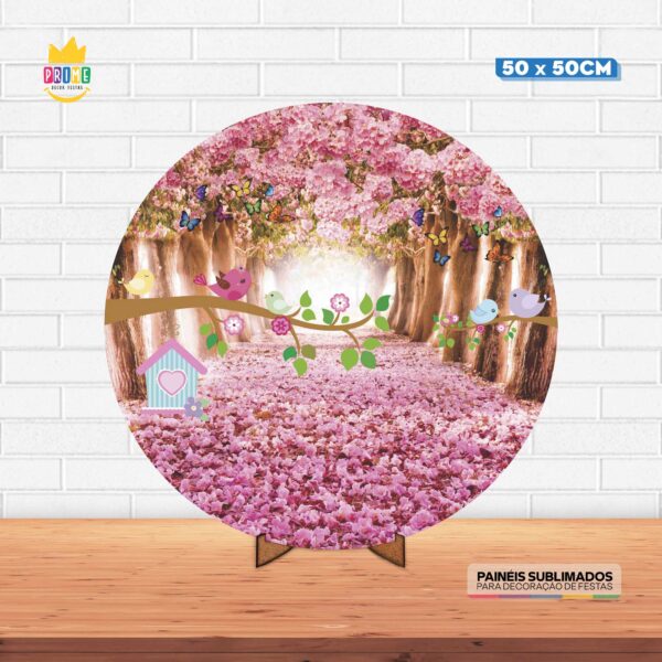 Painel Redondo 3D Jardim Encantado Tecido 50cm X 50cm Com Suporte MDF