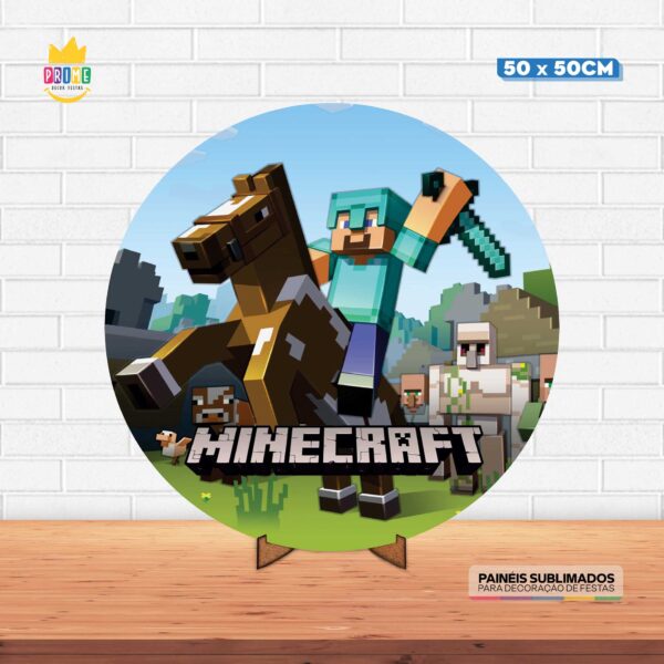 Painel Redondo 3D Minecraft Tecido 50cm X 50cm Com Suporte MDF