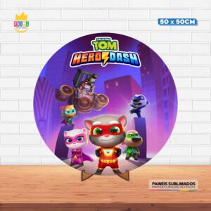 Painel Redondo 3D Tom e Seus Amigos Tecido 50cm X 50cm Com Suporte MDF