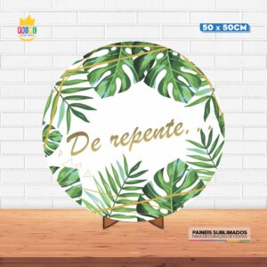 Painel Redondo 3D De Repente Folhas Tecido 50cm X 50cm Com Suporte MDF