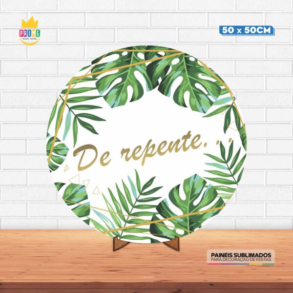 Painel Redondo 3D De Repente Folhas Tecido 50cm X 50cm Com Suporte MDF