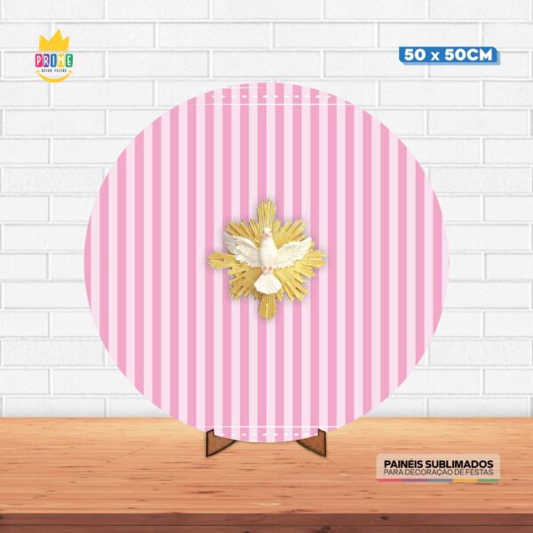 Painel Redondo 3D Batizado Rosa Tecido 50cm X 50cm Com Suporte MDF