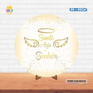 Painel Redondo 3D Batizado Tecido 50cm X 50cm Com Suporte MDF
