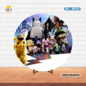 Painel Redondo 3D Detetive Pikachu  Tecido 50cm X 50cm Com Suporte MDF