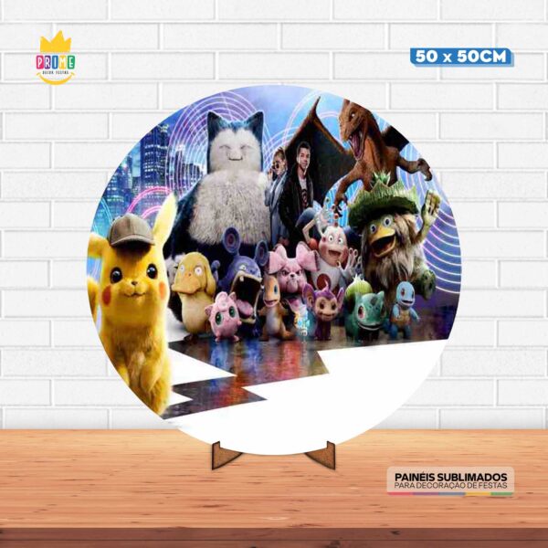 Painel Redondo 3D Detetive Pikachu  Tecido 50cm X 50cm Com Suporte MDF