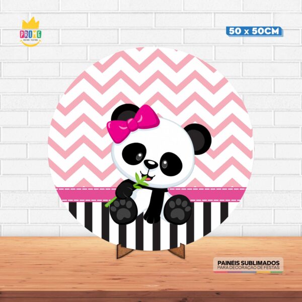 Painel Redondo 3D Panda Rosa Tecido 50cm X 50cm Com Suporte MDF