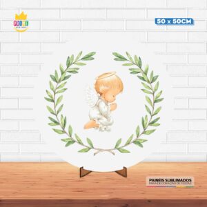 Painel Redondo 3D Batizado Tecido 50cm X 50cm Com Suporte MDF