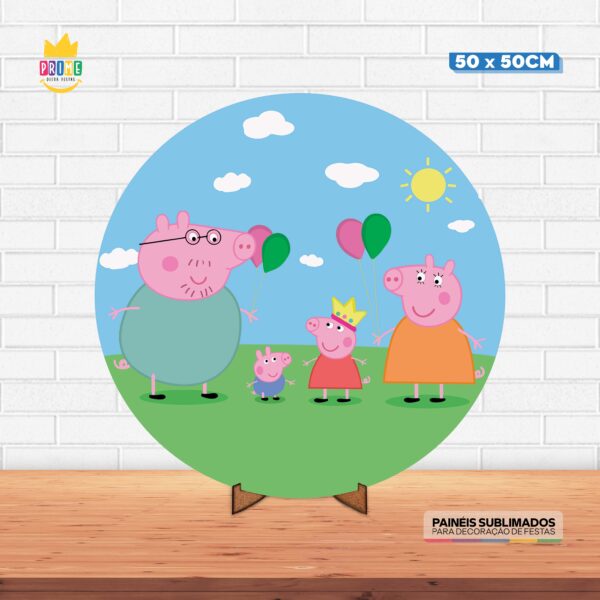 Painel Redondo 3D Peppa Pig Tecido 50cm X 50cm Com Suporte MDF