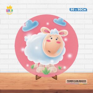 Painel Redondo 3D Ovelhinha Tecido 50cm X 50cm Com Suporte MDF