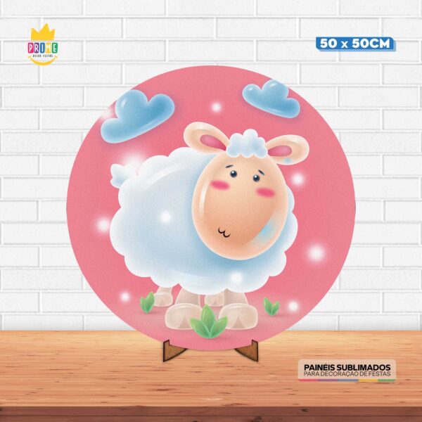 Painel Redondo 3D Ovelhinha Tecido 50cm X 50cm Com Suporte MDF