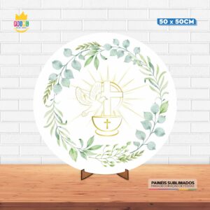 Painel Redondo 3D Primeira Comunhão Tecido 50cm X 50cm Com Suporte MDF