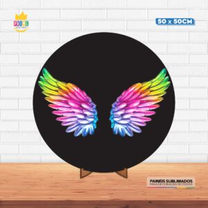 Painel Redondo 3D Asas de Anjo Tecido 50cm X 50cm Com Suporte MDF